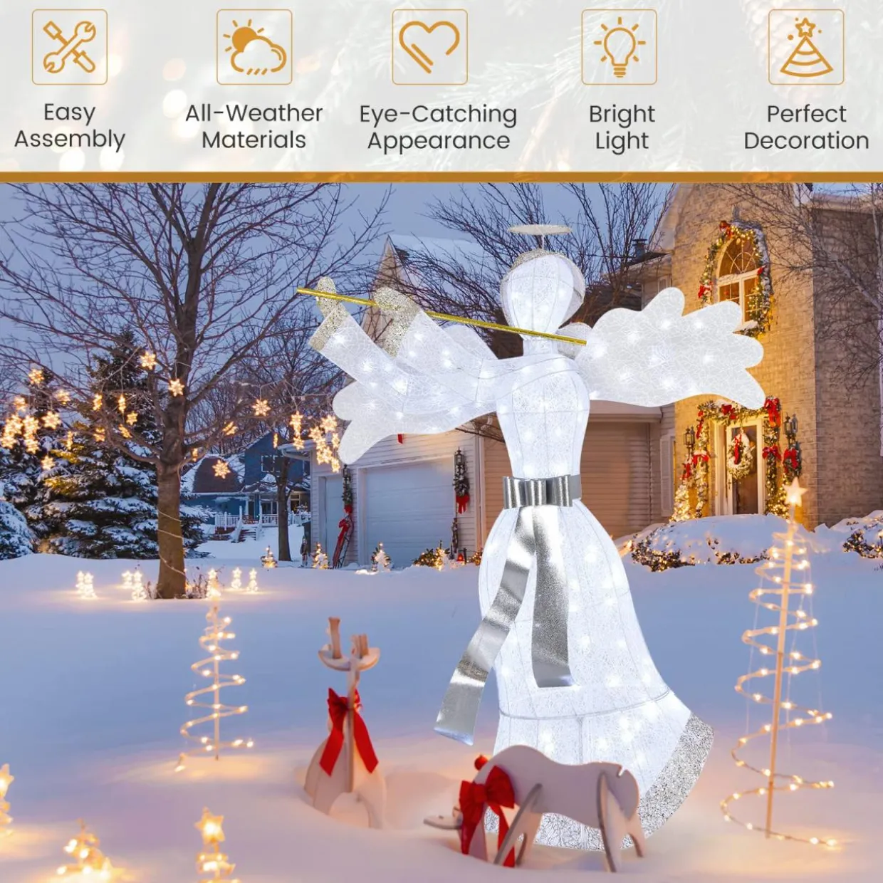 Tangkula Artificial Christmas Decor w/ 100 LED Lights 4 Ground Stakes & 10 Zip Ties Indoor & Outdoor Xmas Holiday Decoration