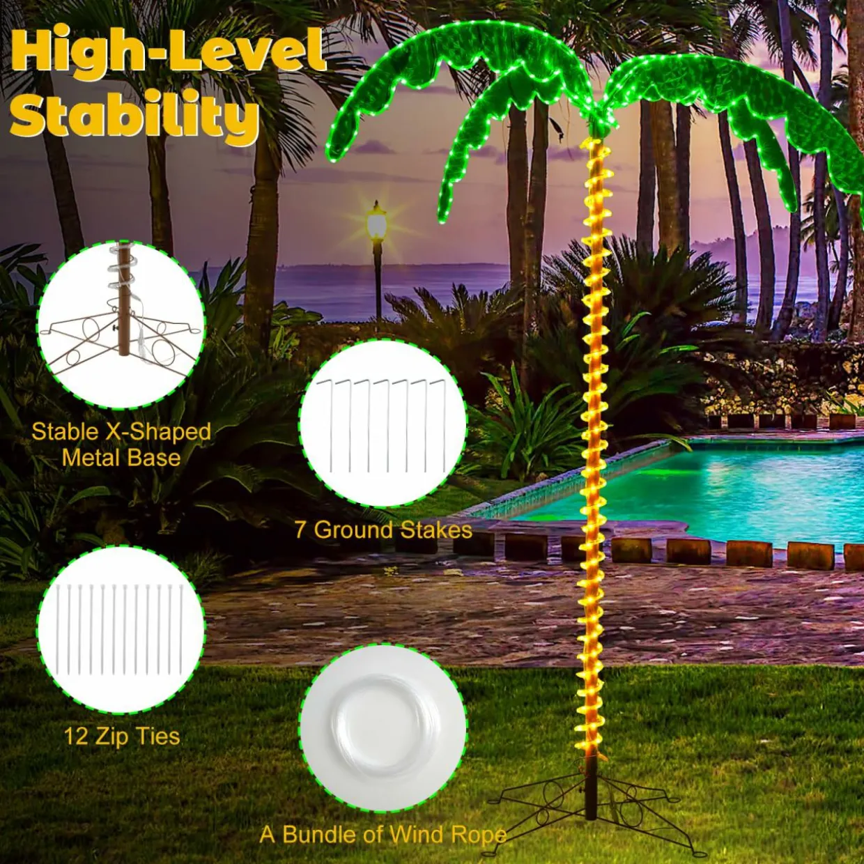 Tangkula Artificial Lighted Palm Tree, 7.5 FT Coconut Plam Tree w/ 4 Fronds & Metal Base