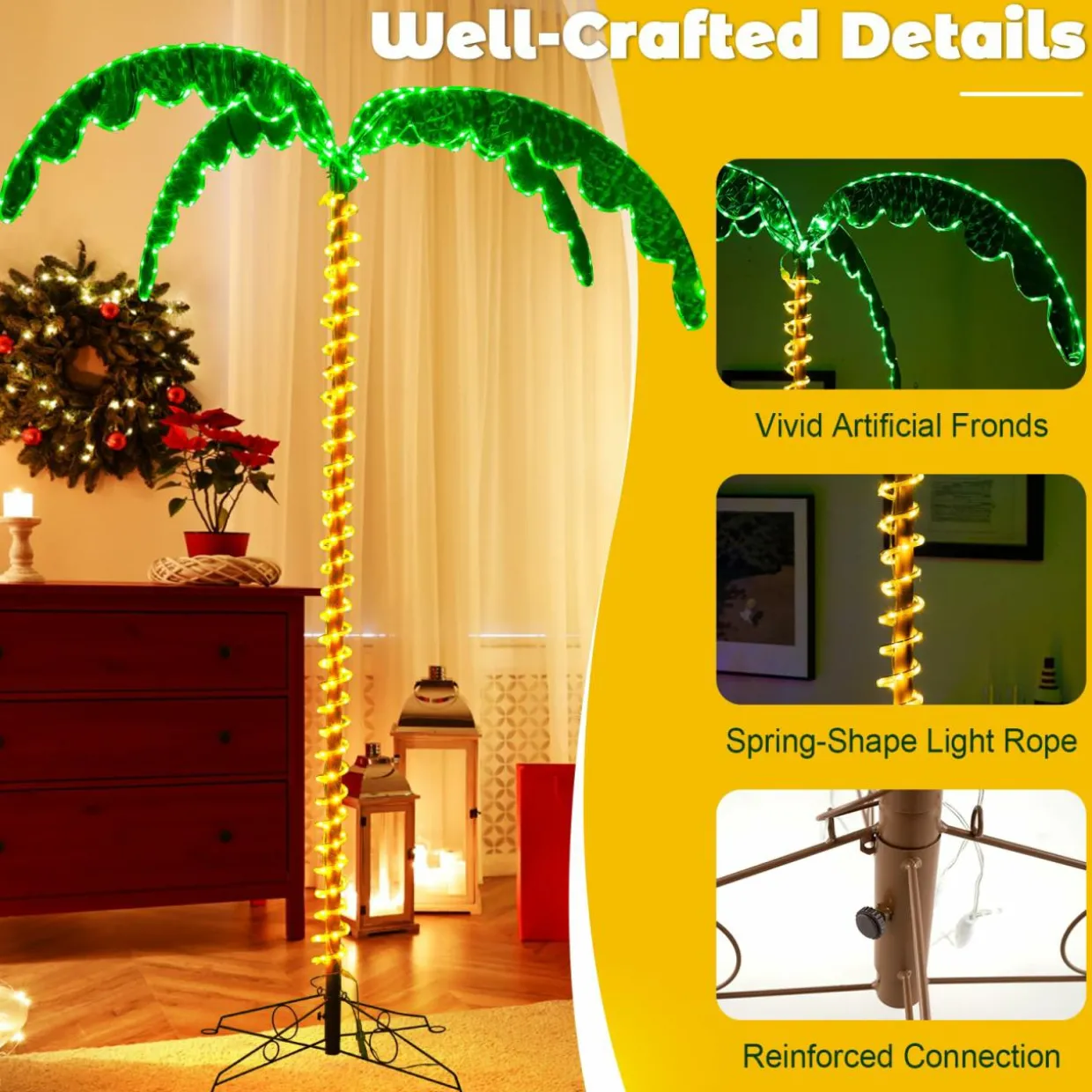 Tangkula Artificial Lighted Palm Tree, 7.5 FT Coconut Plam Tree w/ 4 Fronds & Metal Base