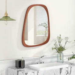 Tangkula Asymmetrical Abstract Irregular Shaped Mirror, 26.5" x 21" Irregular Wall Mirror with Rustic Frame