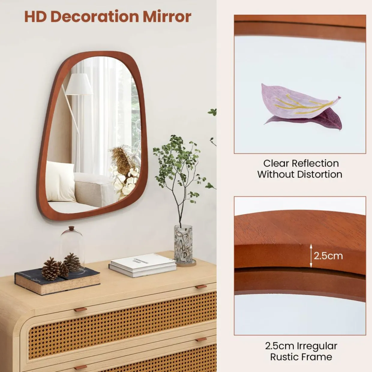 Tangkula Asymmetrical Abstract Irregular Shaped Mirror, 26.5" x 21" Irregular Wall Mirror with Rustic Frame