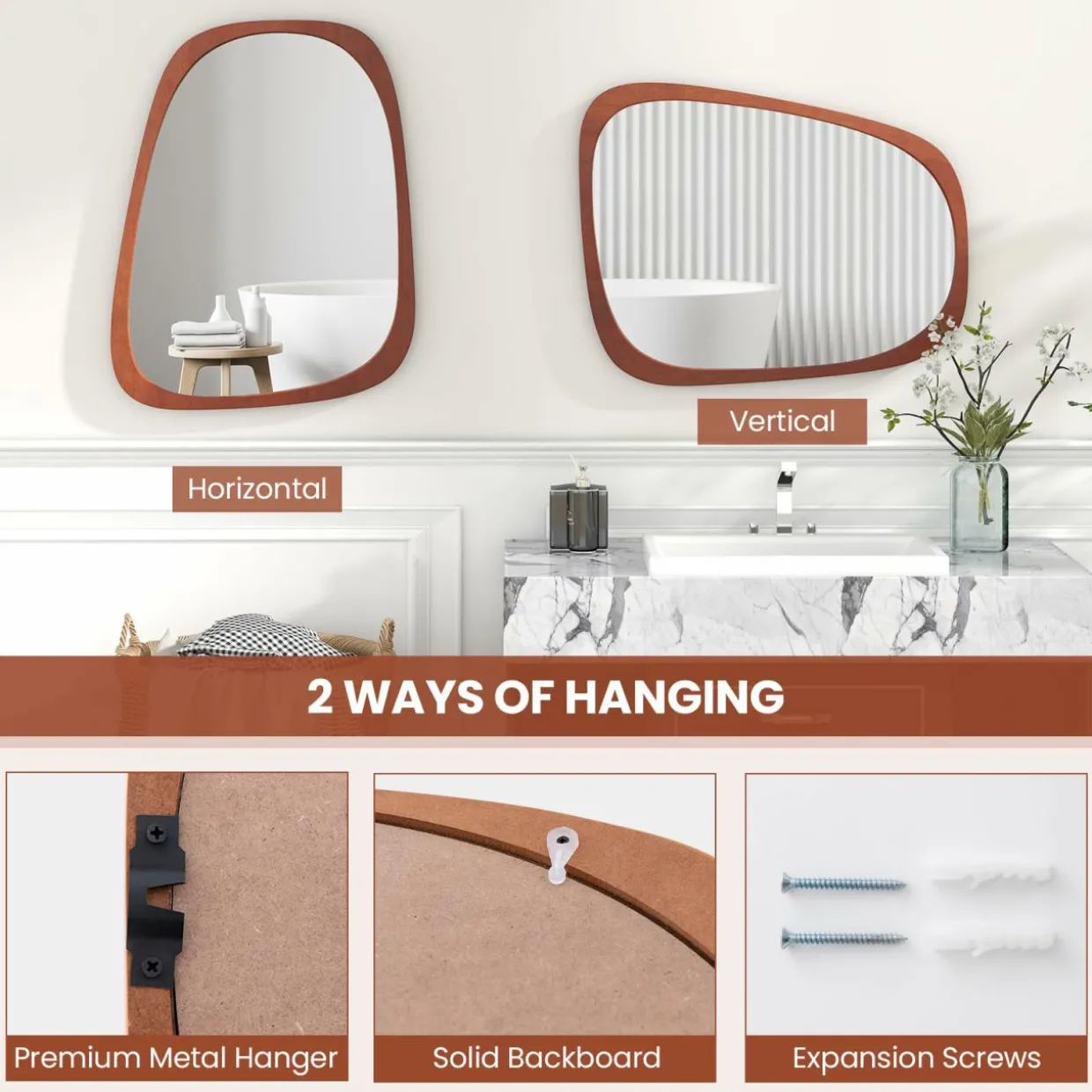 Tangkula Asymmetrical Abstract Irregular Shaped Mirror, 26.5" x 21" Irregular Wall Mirror with Rustic Frame