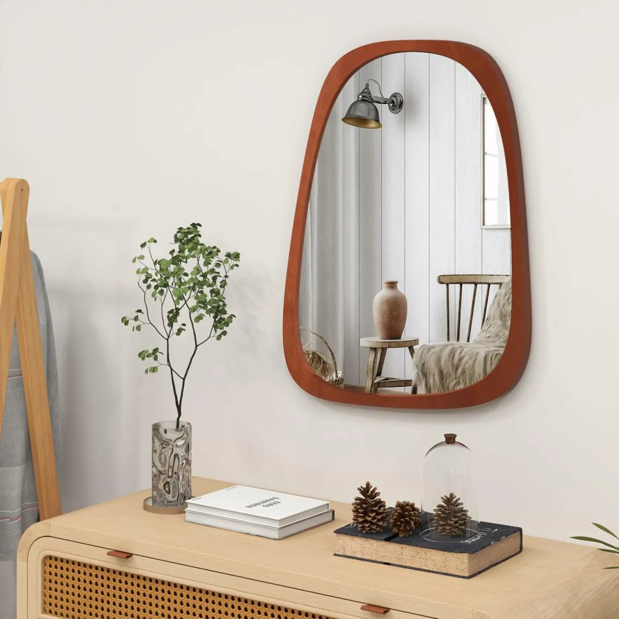 Tangkula Asymmetrical Abstract Irregular Shaped Mirror, 26.5" x 21" Irregular Wall Mirror with Rustic Frame