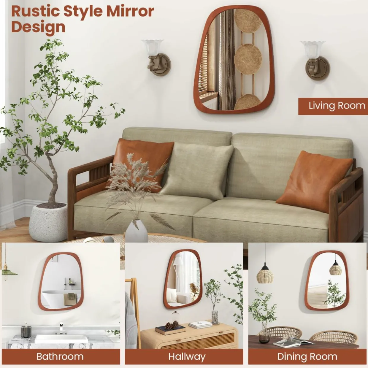 Tangkula Asymmetrical Abstract Irregular Shaped Mirror, 26.5" x 21" Irregular Wall Mirror with Rustic Frame