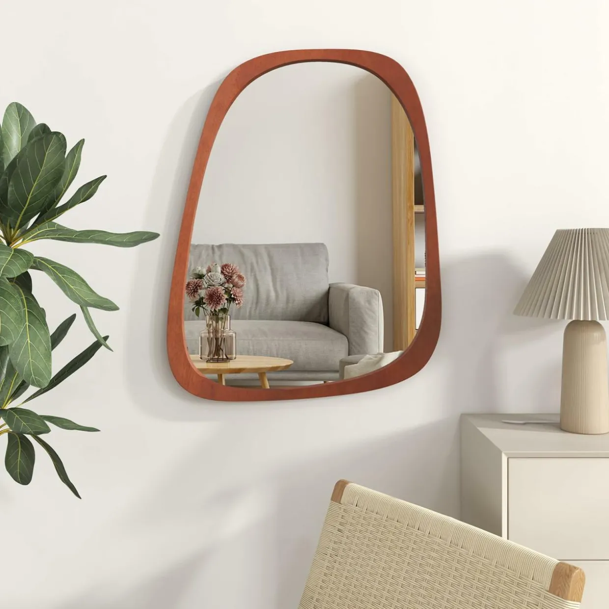 Tangkula Asymmetrical Abstract Irregular Shaped Mirror, 26.5" x 21" Irregular Wall Mirror with Rustic Frame