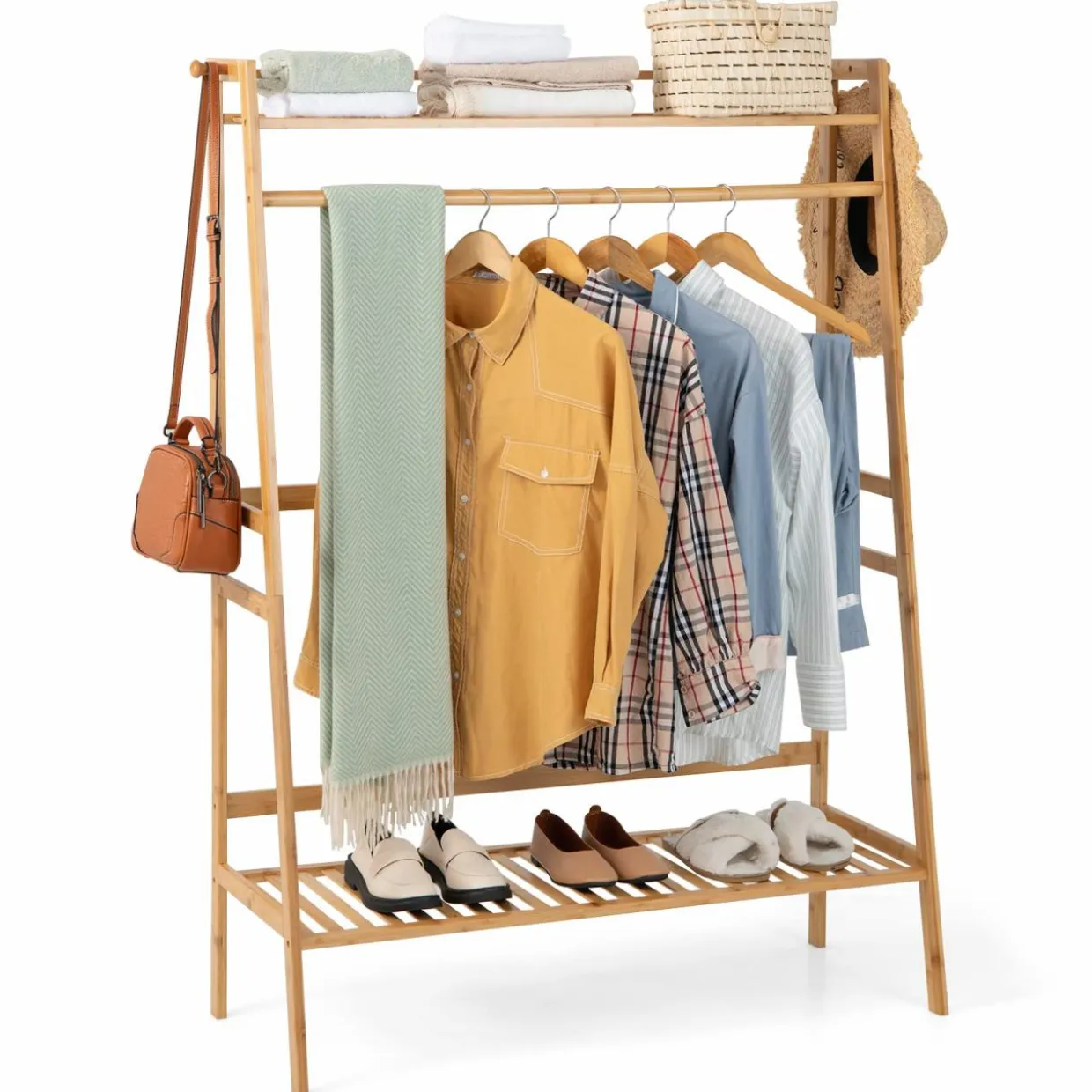 Tangkula Bamboo Clothing Rack with Storage Shelves