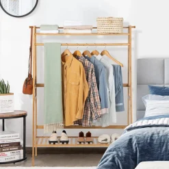 Tangkula Bamboo Clothing Rack with Storage Shelves