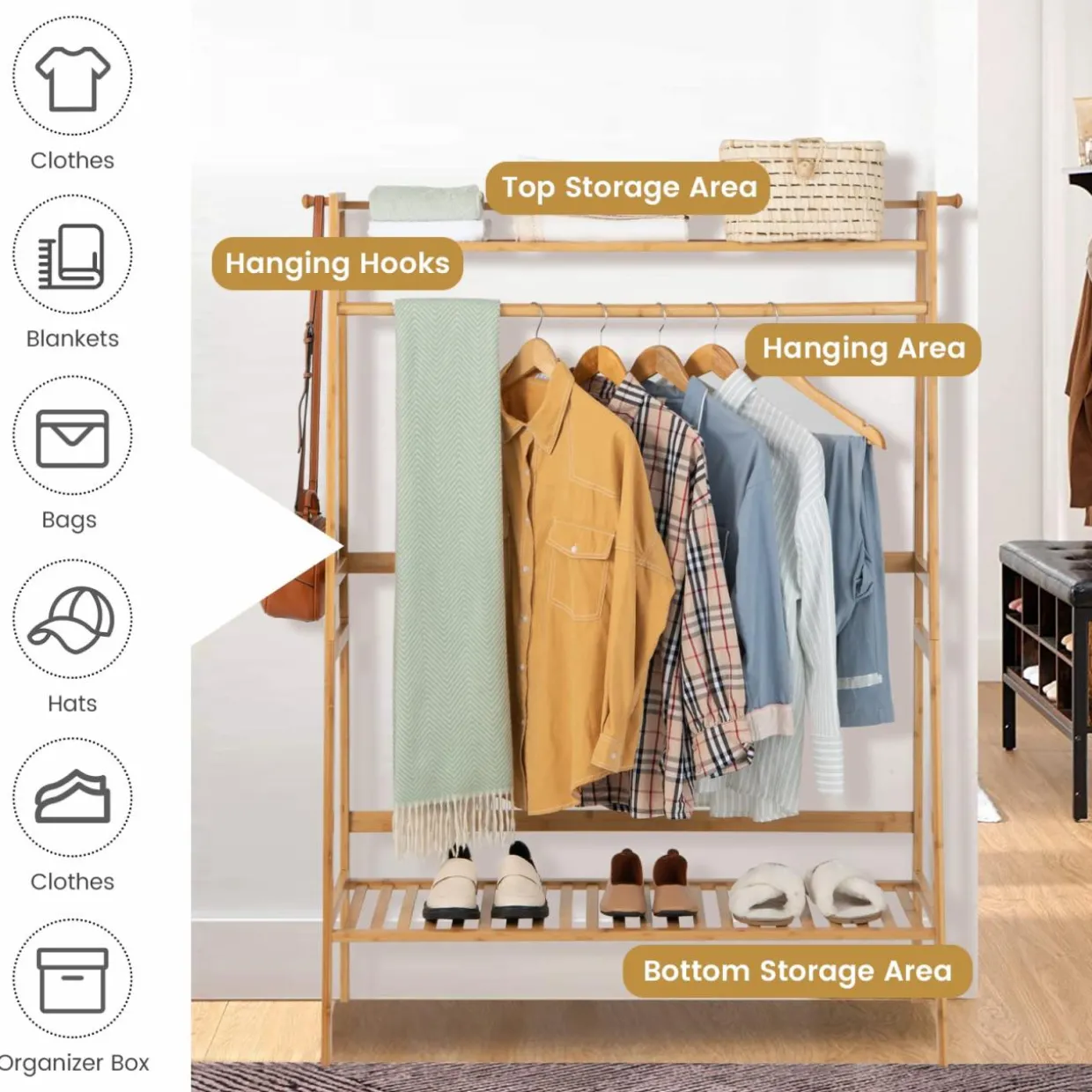 Tangkula Bamboo Clothing Rack with Storage Shelves