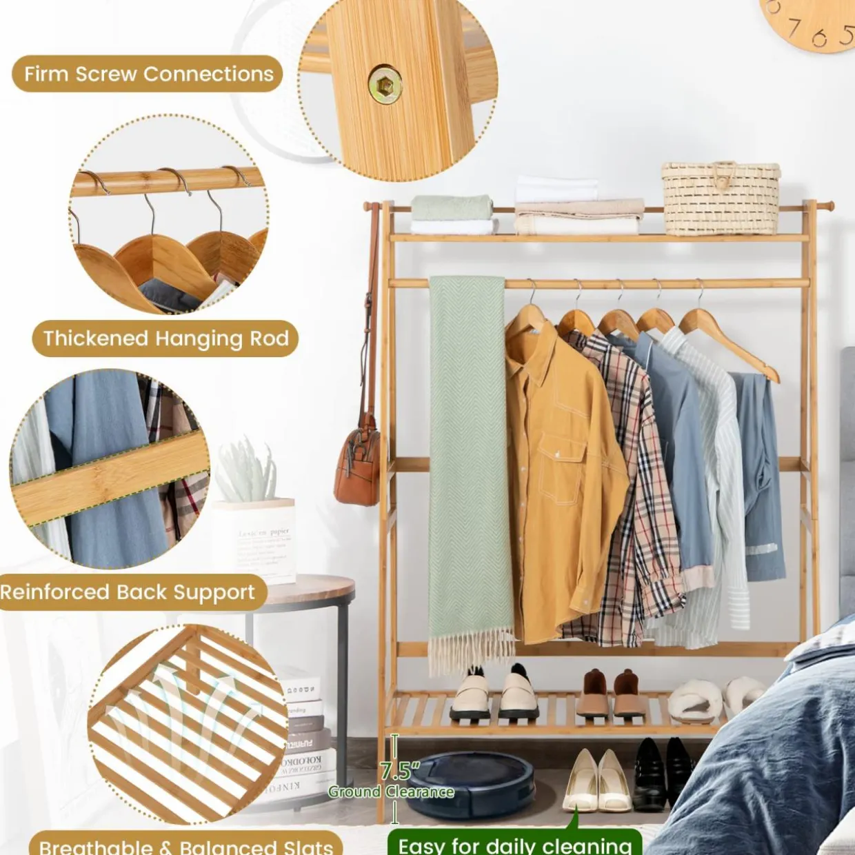 Tangkula Bamboo Clothing Rack with Storage Shelves