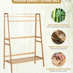 Tangkula Bamboo Clothing Rack with Storage Shelves
