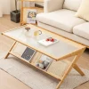 Tangkula Bamboo Coffee Table, Modern Accent Center Table w/Tempered Glass Tabletop & Rattan Open Book Shelf