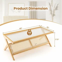 Tangkula Bamboo Coffee Table, Modern Accent Center Table w/Tempered Glass Tabletop & Rattan Open Book Shelf