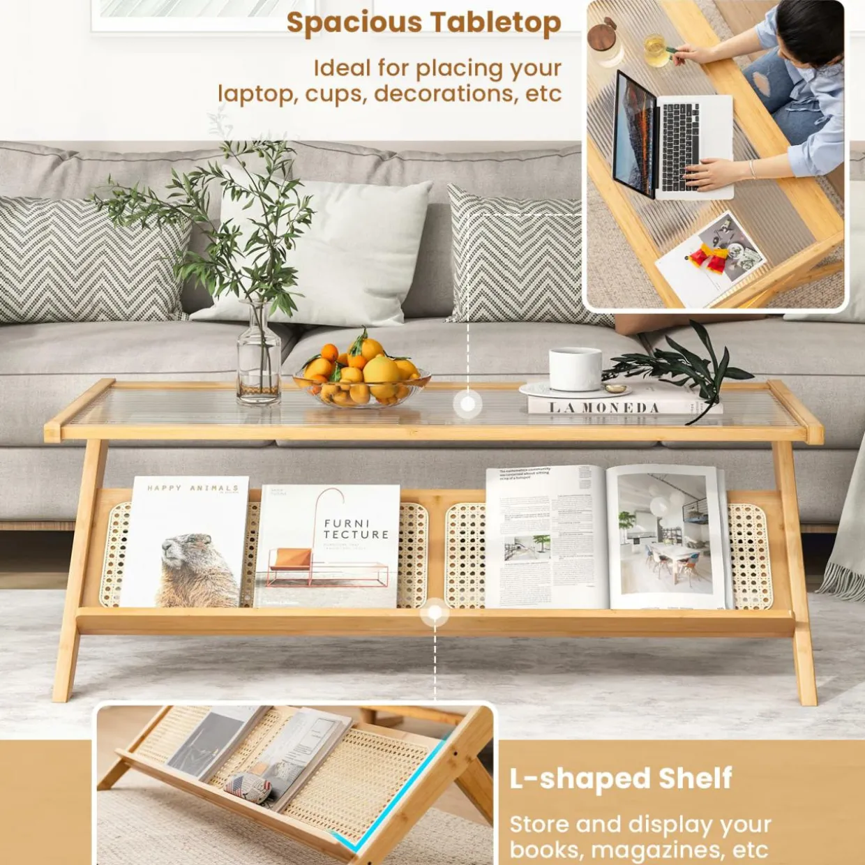 Tangkula Bamboo Coffee Table, Modern Accent Center Table w/Tempered Glass Tabletop & Rattan Open Book Shelf