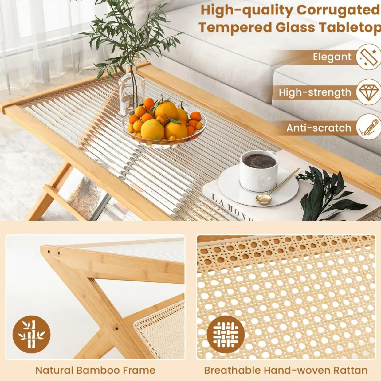 Tangkula Bamboo Coffee Table, Modern Accent Center Table w/Tempered Glass Tabletop & Rattan Open Book Shelf