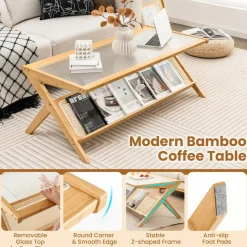 Tangkula Bamboo Coffee Table, Modern Accent Center Table w/Tempered Glass Tabletop & Rattan Open Book Shelf