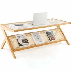 Tangkula Bamboo Coffee Table, Modern Accent Center Table w/Tempered Glass Tabletop & Rattan Open Book Shelf