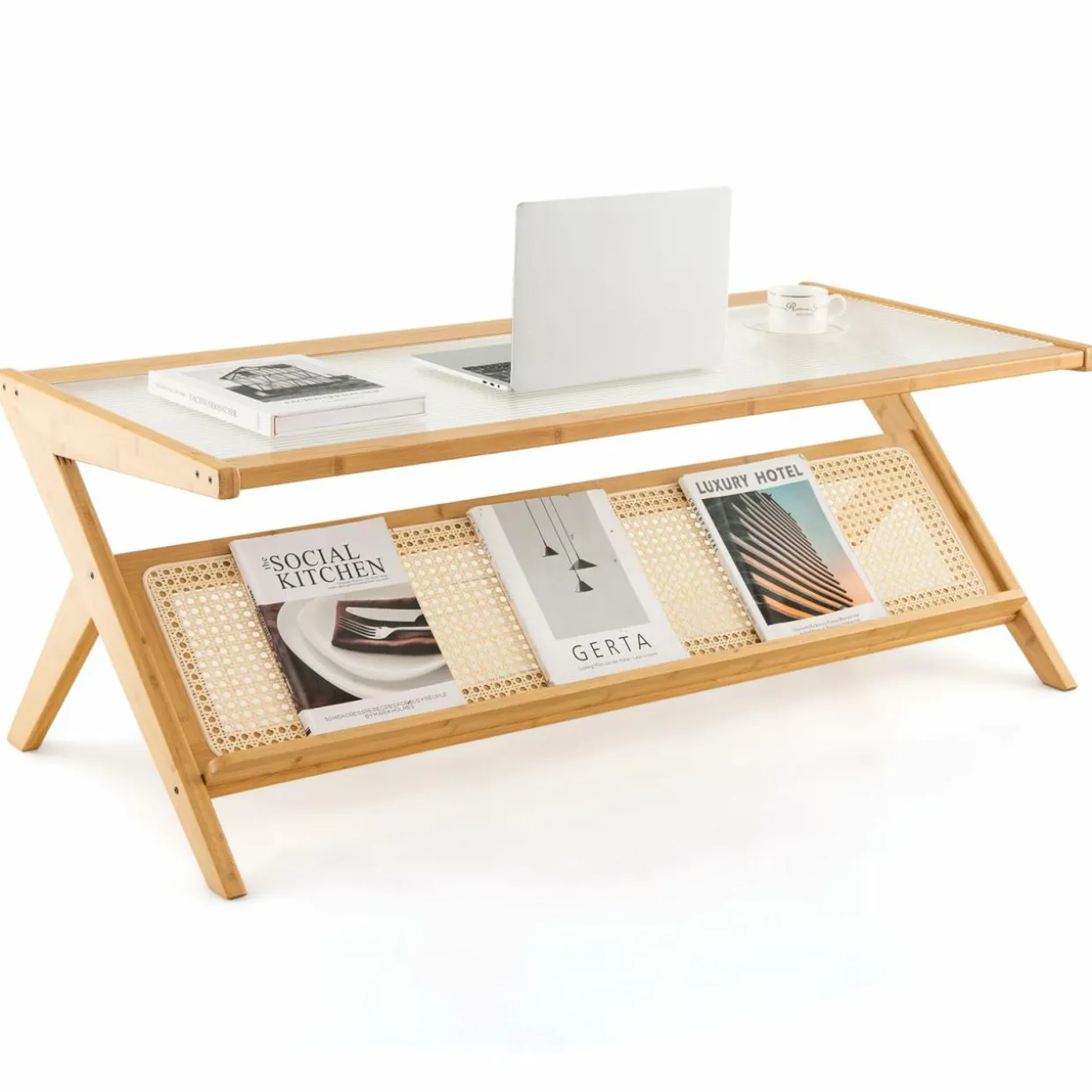 Tangkula Bamboo Coffee Table, Modern Accent Center Table w/Tempered Glass Tabletop & Rattan Open Book Shelf
