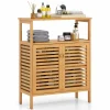 Tangkula Bamboo Floor Cabinet, Freestanding Bathroom Storage Cabinet with Double Slatted Doors