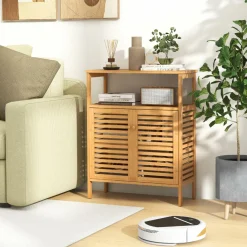 Tangkula Bamboo Floor Cabinet, Freestanding Bathroom Storage Cabinet with Double Slatted Doors