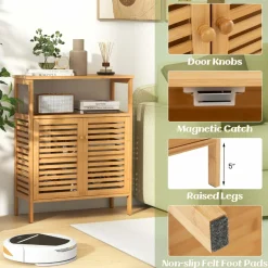 Tangkula Bamboo Floor Cabinet, Freestanding Bathroom Storage Cabinet with Double Slatted Doors