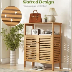 Tangkula Bamboo Floor Cabinet, Freestanding Bathroom Storage Cabinet with Double Slatted Doors