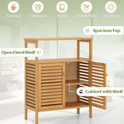 Tangkula Bamboo Floor Cabinet, Freestanding Bathroom Storage Cabinet with Double Slatted Doors