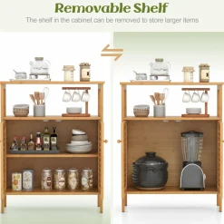 Tangkula Bamboo Floor Cabinet, Freestanding Bathroom Storage Cabinet with Double Slatted Doors