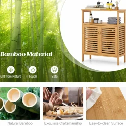 Tangkula Bamboo Floor Cabinet, Freestanding Bathroom Storage Cabinet with Double Slatted Doors
