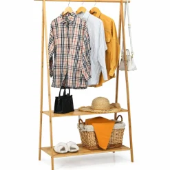 Tangkula Bamboo Garment Rack, Freestanding Clothes Rack with 2-Tier Storage Shelves