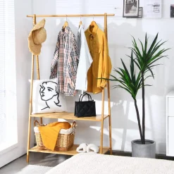 Tangkula Bamboo Garment Rack, Freestanding Clothes Rack with 2-Tier Storage Shelves