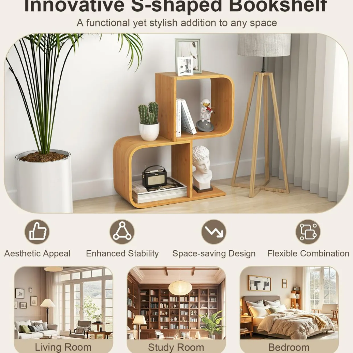 Tangkula Bamboo Geometric Bookshelf