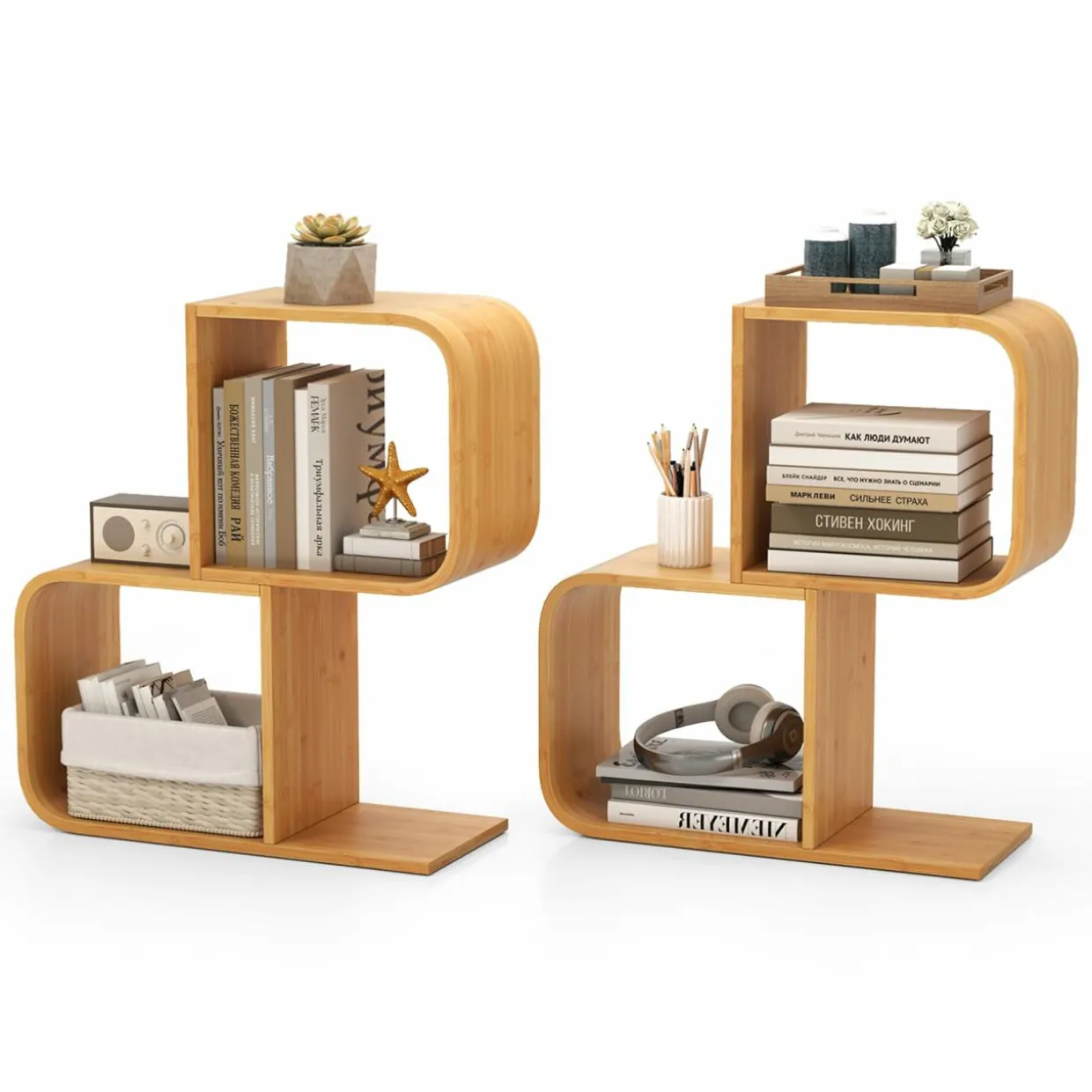 Tangkula Bamboo Geometric Bookshelf