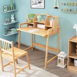 Tangkula Bamboo Kids Desk & Chair Set, Toddler Activity Desk & Chair Set with Bookshelf for Arts, Crafts, Homework