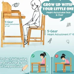 Tangkula Bamboo Kids Desk & Chair Set, Toddler Activity Desk & Chair Set with Bookshelf for Arts, Crafts, Homework