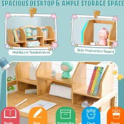 Tangkula Bamboo Kids Desk & Chair Set, Toddler Activity Desk & Chair Set with Bookshelf for Arts, Crafts, Homework