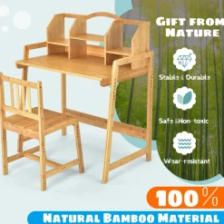 Tangkula Bamboo Kids Desk & Chair Set, Toddler Activity Desk & Chair Set with Bookshelf for Arts, Crafts, Homework