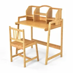 Tangkula Bamboo Kids Desk & Chair Set, Toddler Activity Desk & Chair Set with Bookshelf for Arts, Crafts, Homework