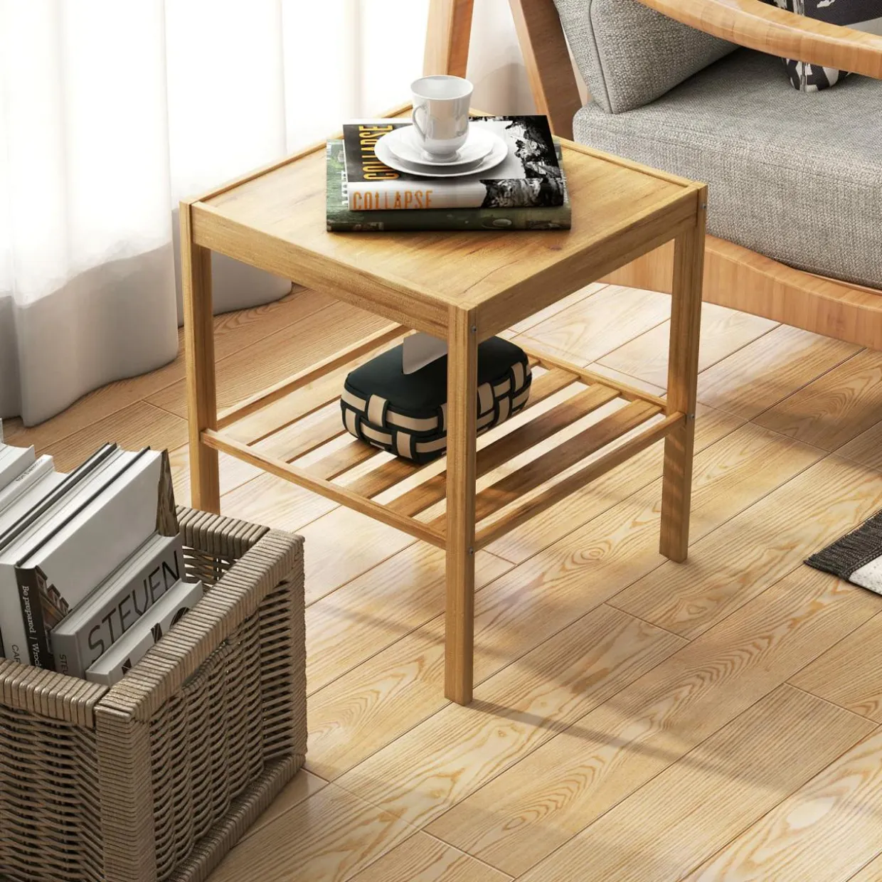Tangkula Bamboo Nightstand Set of 2