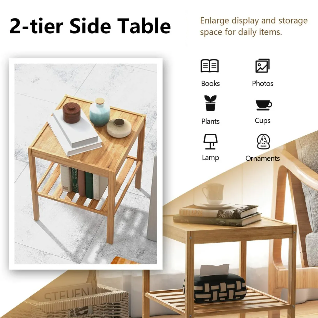 Tangkula Bamboo Nightstand Set of 2