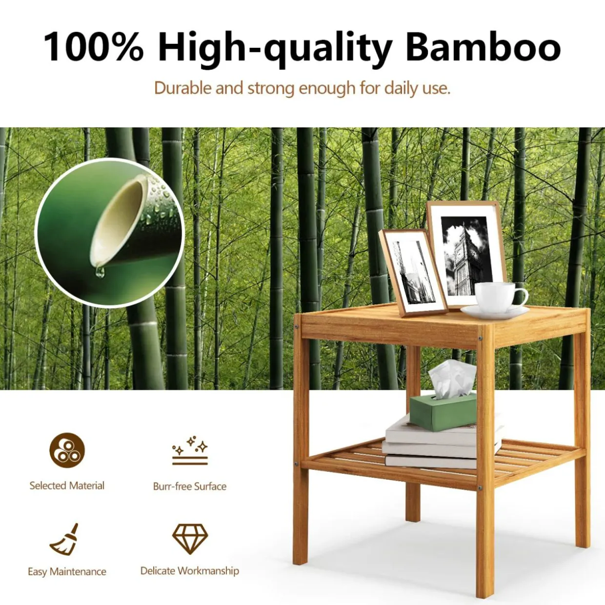 Tangkula Bamboo Nightstand Set of 2