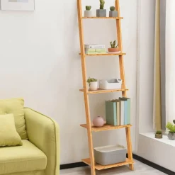 Tangkula Bamboo 5-Tier Ladder Shelf Bookshelf, Wall-Leaning Bookshelf