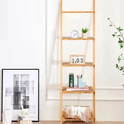 Tangkula Bamboo 5-Tier Ladder Shelf Bookshelf, Wall-Leaning Bookshelf