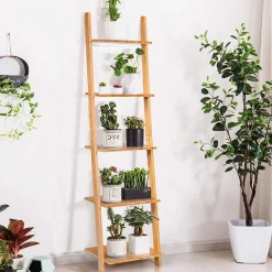 Tangkula Bamboo 5-Tier Ladder Shelf Bookshelf, Wall-Leaning Bookshelf