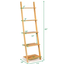 Tangkula Bamboo 5-Tier Ladder Shelf Bookshelf, Wall-Leaning Bookshelf