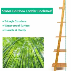 Tangkula Bamboo 5-Tier Ladder Shelf Bookshelf, Wall-Leaning Bookshelf