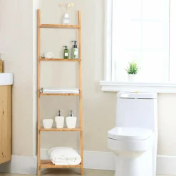 Tangkula Bamboo 5-Tier Ladder Shelf Bookshelf, Wall-Leaning Bookshelf