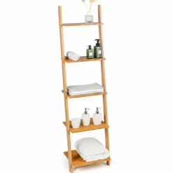 Tangkula Bamboo 5-Tier Ladder Shelf Bookshelf, Wall-Leaning Bookshelf