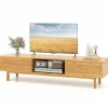 Tangkula Bamboo TV Stand for 65” 70” TVs, 63” Mid Century Modern TV Console Table with Sliding Doors & 3 Storage Compartments