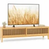 Tangkula Bamboo TV Stand for TVs Up to 65”, Mid Century Modern TV Console Table with Slats Sliding Doors & 2 Storage Shelves