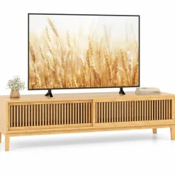Tangkula Bamboo TV Stand for TVs Up to 65”, Mid Century Modern TV Console Table with Slats Sliding Doors & 2 Storage Shelves